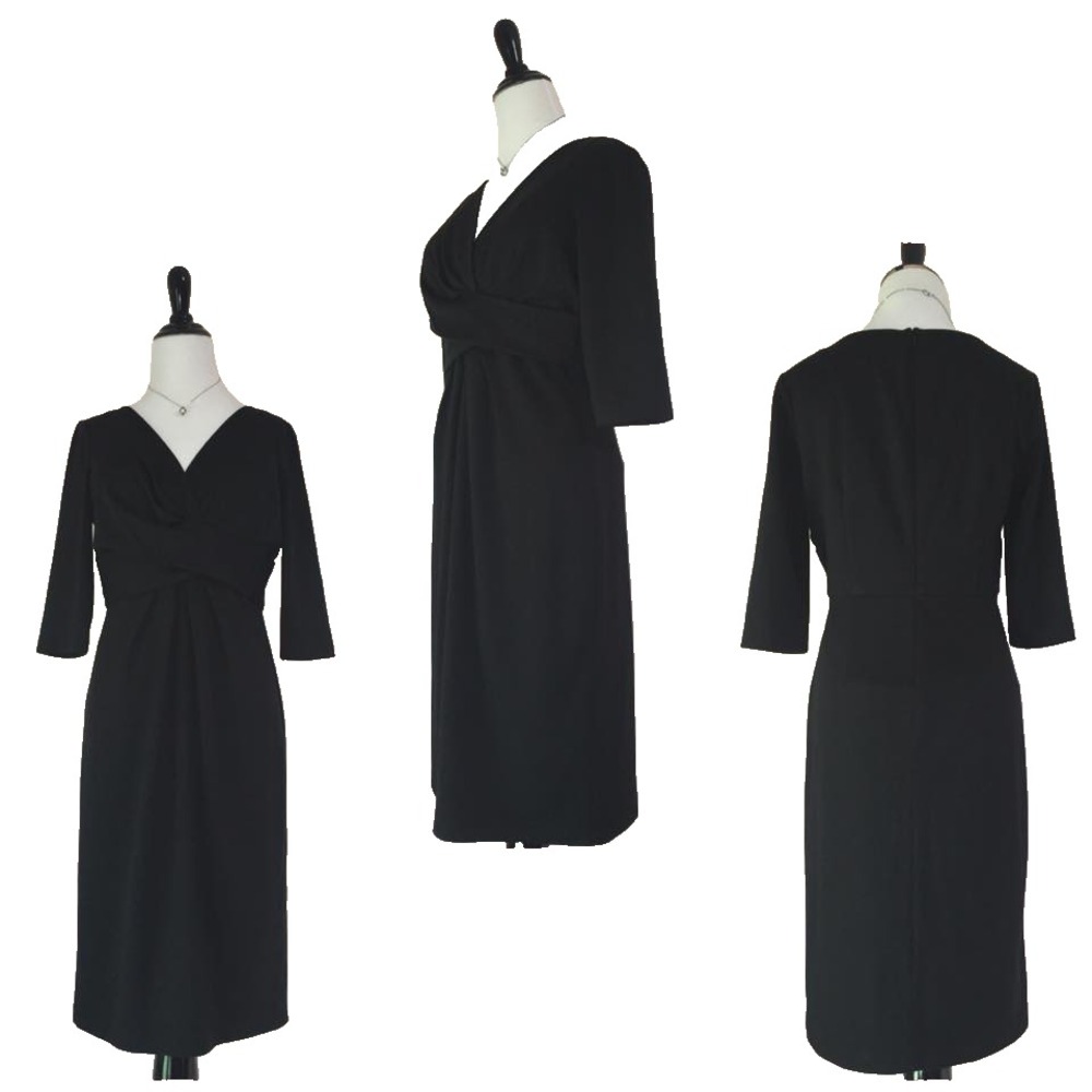 Pencil Sheath Suit Dress Women 8 M Black Knit V Neck Office Retro Cocktail Date